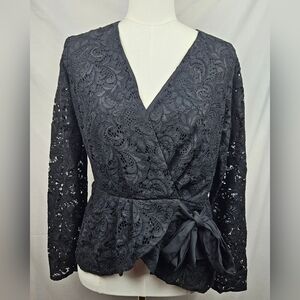 Express Faux Wrap Black Lace Blouse Sz L Whimsigoth Witchy Dark Romantic‎